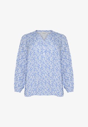 Ljusblå blus med ett strukturerat vitt mönster, med V-ringning, långärmar med elastiska manschetter och en avslappnad passform.