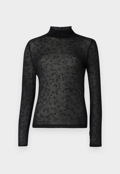 Bluza neagră cu mâneci lungi și guler înalt, dintr-un material transparent cu un model floral subtil și un design texturat fin.