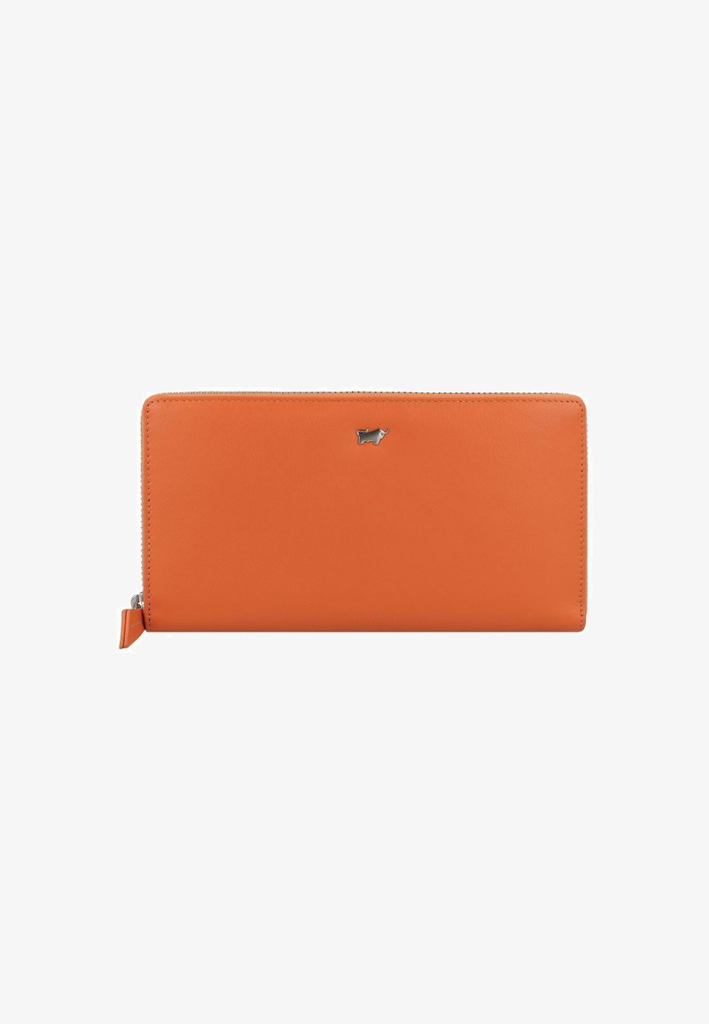 Portefeuille en cuir orange avec une texture lisse, de forme rectangulaire, fermeture éclair et un petit accent en métal en logo sur le devant.