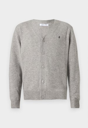 Grey cardigan with a V-neck, button closure, and ribbed cuffs. Soft fabric with a subtle texture. Small logo on the left chest.