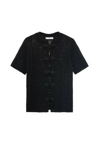 Schwarzes Kurzarmshirt mit einer strukturierten Spitzenmuster, das einen runden Kragen und dekorative Knopfverschlüsse entlang der Vorderseite aufweist.