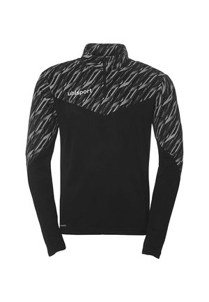 Sort atletisk pullover med halvlukket krave, prydet med et geometrisk gråt mønster på skuldrene og den øverste del af brystet. Letvægtigt stof.