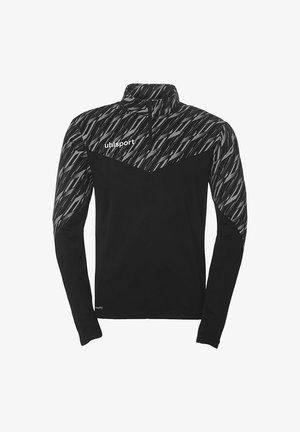 Sort atletisk pullover med halvlukket krave, prydet med et geometrisk gråt mønster på skuldrene og den øverste del af brystet. Letvægtigt stof.