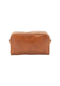 Borsa cosmetica in cuoio marrone con una texture liscia, forma rettangolare, doppia cerniera in alto e una maniglia laterale per un facile trasporto.
