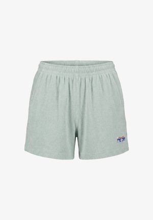 Shorts en éponge vert clair avec taille élastique et petite étiquette rectangulaire du logo près de l'ourlet sur la jambe gauche.