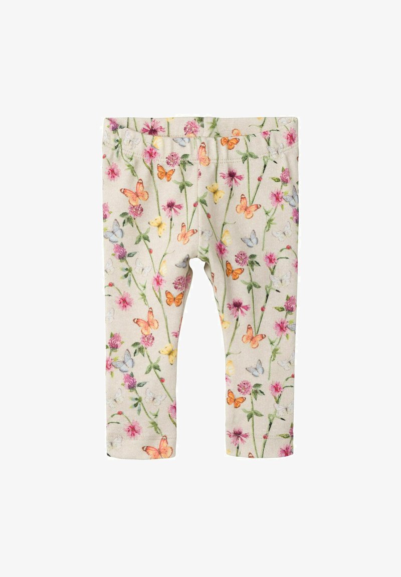 Jasno beżowe legginsy z kwiatowym i motylkowym wzorem. Wykonane z miękkiej tkaniny, z elastyczną talią dla komfortu i swobody ruchów.