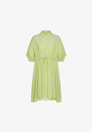 Hellgrünes knielanges Kleid mit kurzen Puffärmeln, vorderen Knöpfen, einem Kragen, kleinen Verzierungen oben und einem gebundenen Tunnelzug in der Taille.
