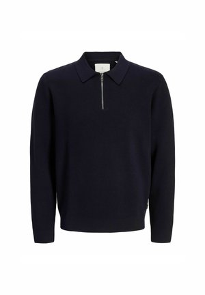 Mørk marineblå langermet genser med krage og en kort sølvfarget glidelås foran.