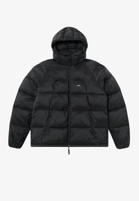 Veste doudoune noire avec capuche, présentant un design matelassé, une fermeture éclair à l'avant et des poches latérales. Le matériau a une texture brillante.