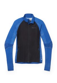 Zwarte en blauwe ritsjack met lange mouwen; voorzien van een textuur ontwerp in blauw op de schouders, twee voorzakken en een getailleerde pasvorm.