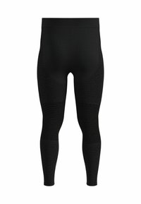 Black leggings with a textured pattern, featuring a fitted design and an elastic waistband. Accents of ribbed fabric along the legs.