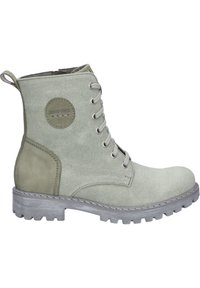 Zelené plátěné kotníkové boty s gumovou podrážkou, šněrováním vpředu a kulatou nášivkou s logem. Obsahují hladký semišový prvek na patě.