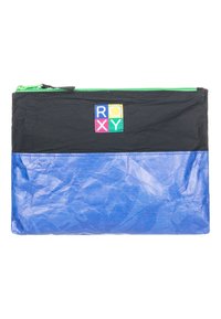 Platt svart och blå rektangulär påse med grön dragkedja och färgglad ROXY-logotyp centrerad nära toppen.