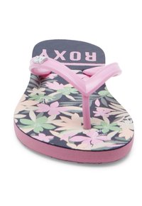 Flip-flops med et blomsterprint i pink, grøn og lilla på en mørk baggrund. Har pink gummistropper og logo-detalje på fodbedden.