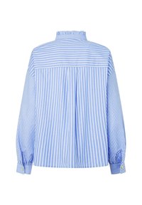 Blue and white striped shirt with a high ruffled neckline, long sleeves, and buttoned cuffs; features a center back pleat for added volume.