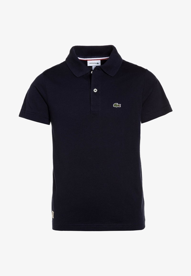 Polo bleu marine à manches courtes avec col, deux boutons et petit logo crocodile vert sur la poitrine gauche.