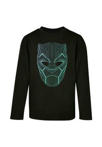 Svart långärmad tröja med en stiliserad grön grafik av ett pantermask, med intrikata linjemönster och rund halsringning.