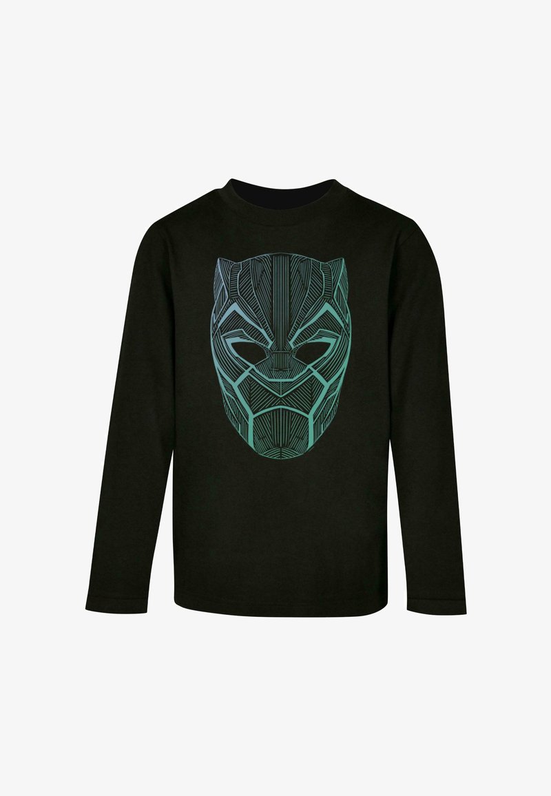 Zwarte lange mouwen shirt met een gestileerde groene grafiek van een pantergezicht, met ingewikkelde lijnpatronen en een ronde halslijn.