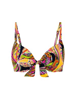 Kolorowy top bikini z żywym wzorem z zawijasów i kształtów geometrycznych, z regulowanymi ramiączkami i ozdobnym węzłem z przodu.