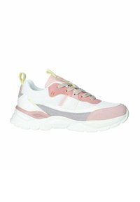 Sneaker bianca con accenti rosa e grigi, dotata di tomaia in rete, linguetta imbottita e suola spessa bianca. Include un tab sul tallone giallo.