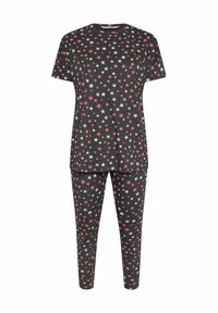 Conjunto de pijama gris con parte superior de manga corta y pantalones ajustados, con un patrón de estrellas en rosa, blanco y naranja. Fabricado con tela suave y ligera.