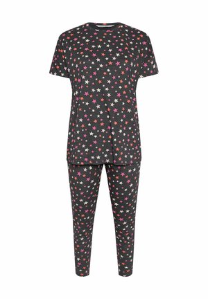 Set di pigiama grigio con top a maniche corte e pantaloni aderenti, caratterizzato da un motivo a stelle in rosa, bianco e arancione. Realizzato in tessuto morbido e leggero.