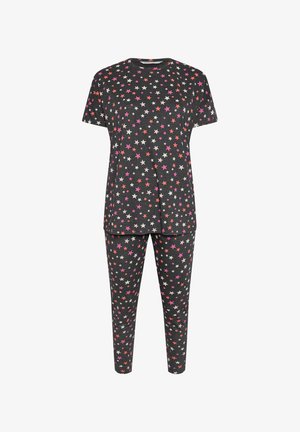 Grå pyjamas sæt med kortærmet top og tætsiddende bukser, der har et stjernemønster i pink, hvid og orange. Lavet af blødt, letvægtsstof.