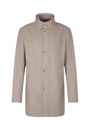 Cappotto in lana beige da uomo con colletto rialzato e cinque grandi bottoni, dotato di due tasche laterali e maniche lunghe.