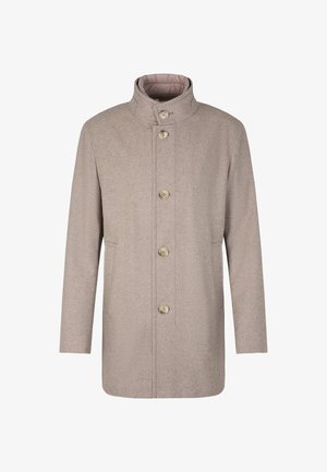 Beige Herren Wollmantel mit Stehkragen und fünf großen Knöpfen, ausgestattet mit zwei Seitentaschen und langen Ärmeln.