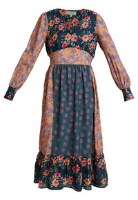 Kukallinen mekko, jossa on tummanvihreä ja oranssi värimaailma, pitkät hihat, istuva vartalo-osa ja röyhelöhelma. Rakennekankaat ja vaihteleva printti.