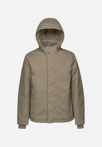 Giacca beige con cappuccio dal taglio dritto, dotata di chiusura frontale con bottoni, tasche laterali e polsini a costine per una vestibilità aderente. Tessuto morbido e resistente.