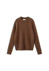 Pullover marrone lavorato a maglia con motivo a treccia, scollatura rotonda e polsini e orlo a coste. Texture morbida e vestibilità leggermente over size.