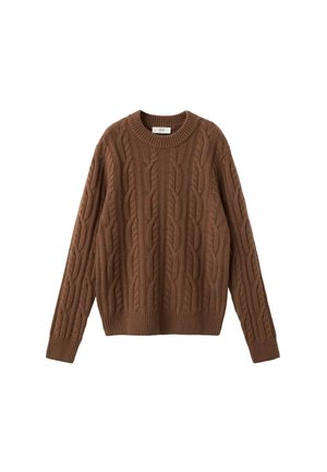 Pullover marrone lavorato a maglia con motivo a treccia, scollatura rotonda e polsini e orlo a coste. Texture morbida e vestibilità leggermente over size.