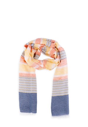 Lekki szalik z poziomymi paskami w kolorach brzoskwiniowym, żółtym, kremowym i niebieskim, z kropkowanymi i jodełkowymi wzorami.