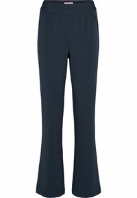 Navyblaue, ausgestellte Jogginghosen aus weichem Stoff. Mit einem elastischen Bund und einem dezenten Logo in Hüfthöhe. Glatte Textur, lässiges Design.