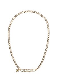 Gouden ketting met schakels die in elkaar verweven zijn, met een centraal staafje waarop uitgesneden letters "HOOPED" staan, verfraaid met een kleine ster charm.