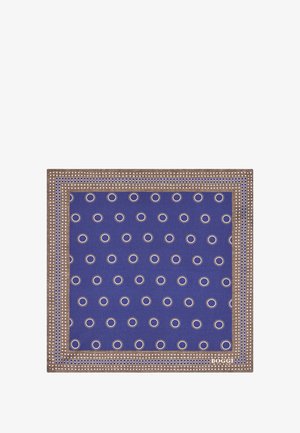 Foulard quadrato blu navy con bordi marroni, caratterizzato da motivi circolari bianchi e piccoli quadrati lungo i bordi, etichettato "Boggi".