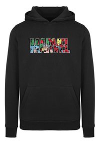 Black hooded sweatshirt featuring a multi-colored "MARVEL" logo, showcasing comic characters within the letters, with a front pocket.