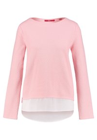 Vaaleanpunainen, teksturoitu neulepaita, jossa on pitkät hihat, pyöreä kaula-aukko ja kerroksellinen valkoinen helma. Materiaali näyttää pehmeältä ja siinä on hunajakennokuvio.