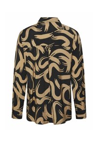 Chemise noire à manches longues avec une coupe ample, présentant des motifs audacieux et abstraits de coups de pinceau beige sur toute la surface, vue de dos.