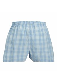 Boxers homme à taille élastique en coton à carreaux bleu clair et blanc, coupe ample.