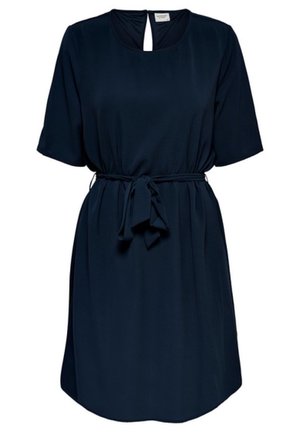 Robe bleu marine à manches courtes avec encolure ronde, dos à ouverture en goutte et ceinture en tissu nouée à la taille.