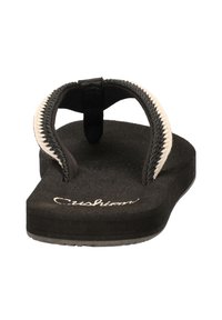 Zwarte slippers met een gestructureerde zool, voorzien van een geweven band in zwart en wit. Accentuatie met een 'Cushion' logo op de voetbed.