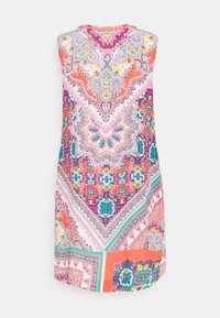 Sukienka bez rękawów z kolorowym, misternym wzorem paisley w odcieniach różu, niebieskiego i pomarańczowego. Wykonana z lekkiego materiału, charakteryzująca się luźnym krojem.
