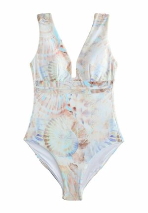 One-piece swimsuit with deep V-neck and pastel seashell pattern in soft blue, beige, and white tones.