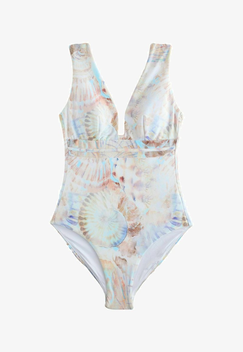 Maillot de bain une pièce avec un décolleté en V profond et un motif de coquillages pastel dans des tons bleu doux, beige et blanc.