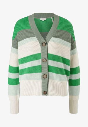 Grün-grau-weiß gestreifte Strickjacke mit V-Ausschnitt, Knöpfen vorne sowie gerippten Bündchen und Saum.