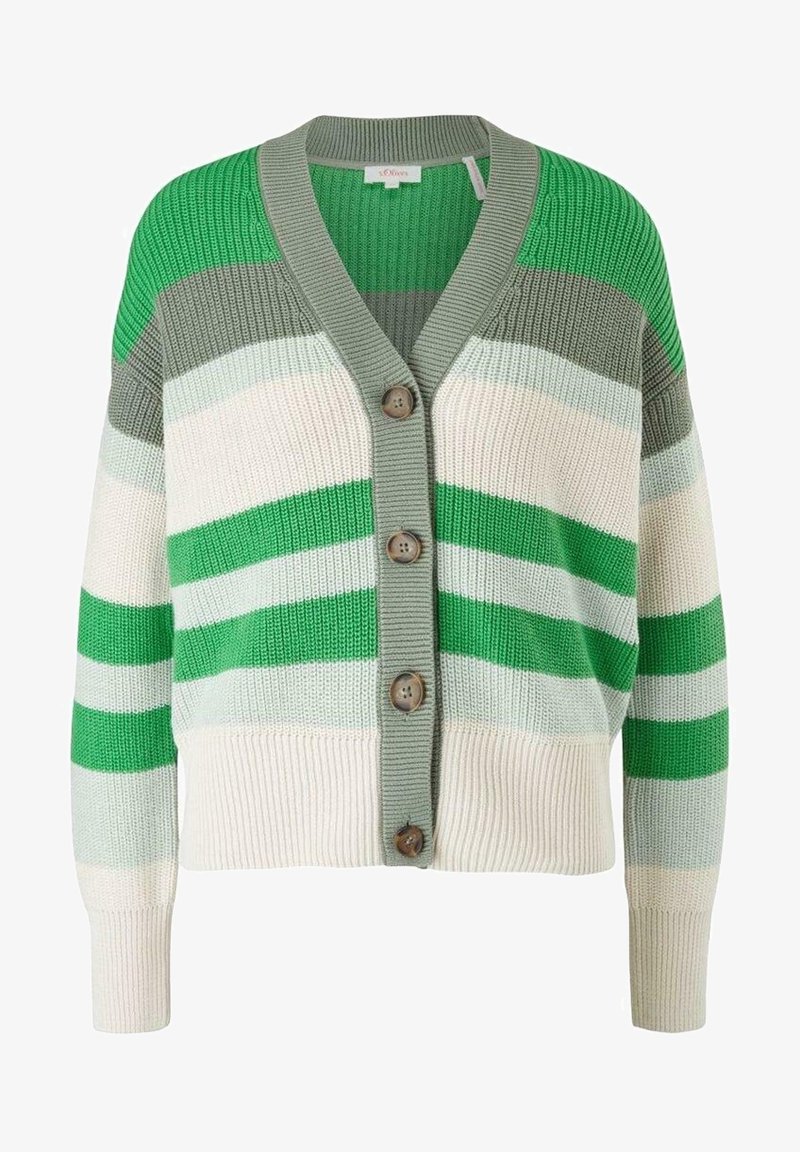 Cardigan en maille rayé vert, gris et blanc avec col en V, boutons sur le devant, poignets et ourlet côtelés.