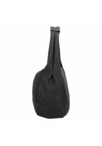 Sac en cuir noir de forme arrondie, doté d'une seule poignée courte et d'un souci du détail dans les coutures. Texture lisse et design minimaliste.