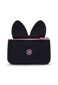 Portafoglio nero con zip e dettagli rosa, caratterizzato da un design con orecchie di coniglio prominenti. Include un'etichetta rotonda nera e rosa sulla parte anteriore.